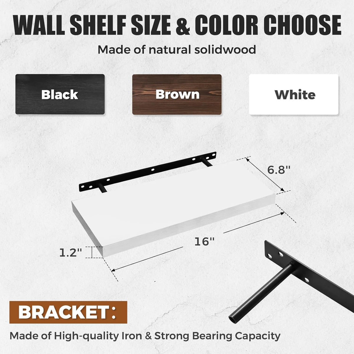 Floating Wall Shelves - 16"x6.8"x1.2" Sturdy Rustic White Solid Wood Shelves for Storage and Décor