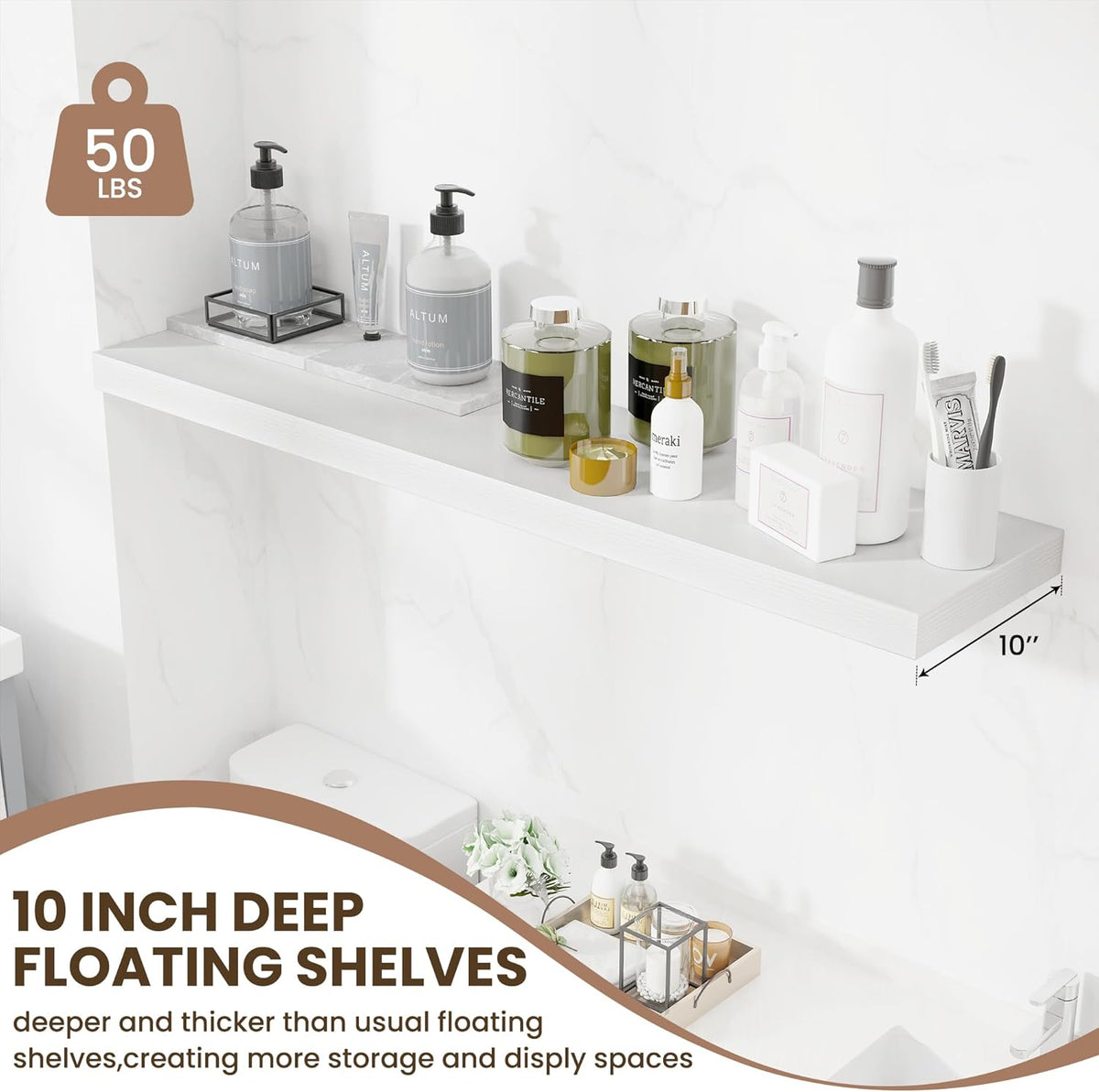 Fun Memories 10 Inch Deep Shelves, Floating Shelves for Wall 48 Inches Long, Wood Floating Shelves
