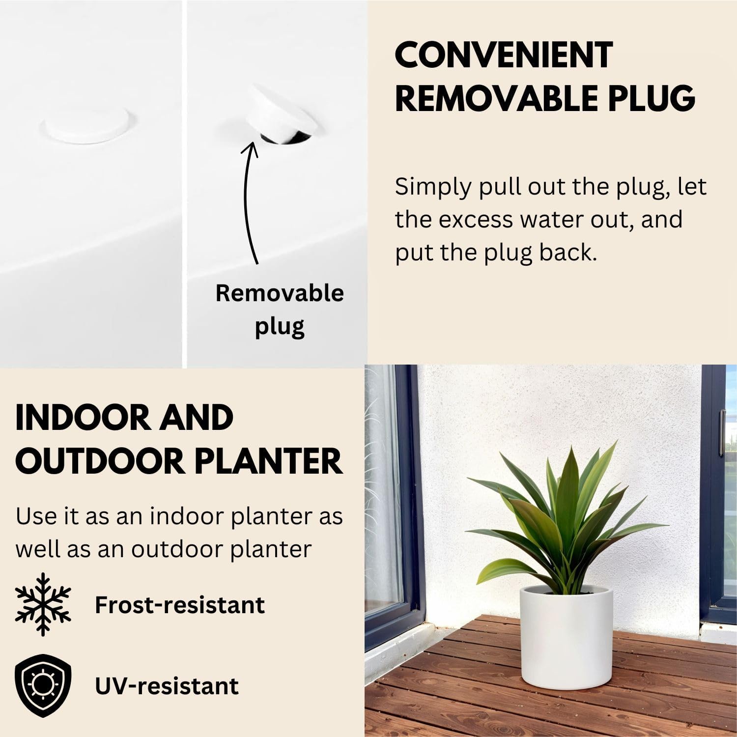 Fox & Fern Matte White Plant Pots with Drainage Plug (Set of 3) — Premium Lightweight Fiberstone 8