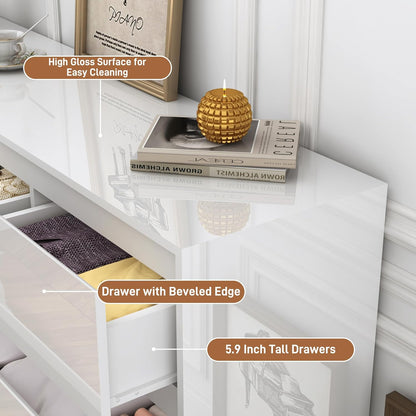White Malm Dresser for Bedroom, 55 Inch Full High Gloss Dresser with 7 Drawers, Modern Large Wood