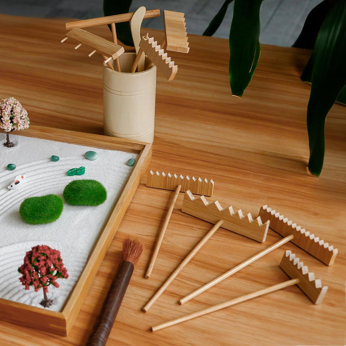 Zen Garden Tools Kit Accessories - Japanese Zen Garden Decor Zen Rake Set Mini Bamboo Rock Sand