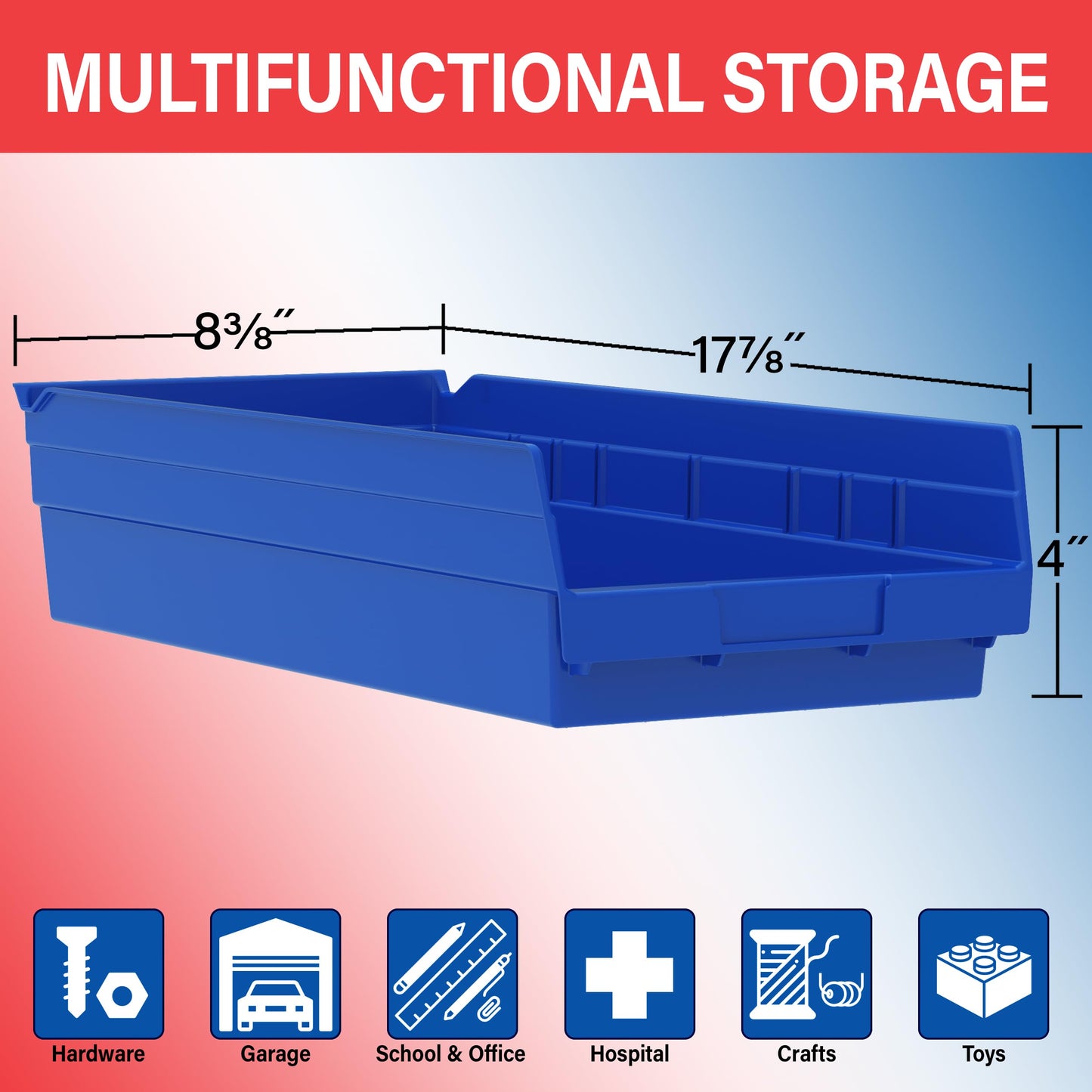 Akro-Mils 30128 Heavy Duty Plastic Shelf Bins, 18"x 4"x 4", Blue, 12-Pack