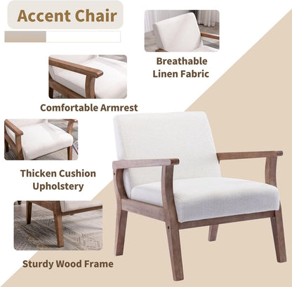 HNY Mid Century Armchair with Wood Frames, Linen Upholstered Living Room Arm Chair, for Living