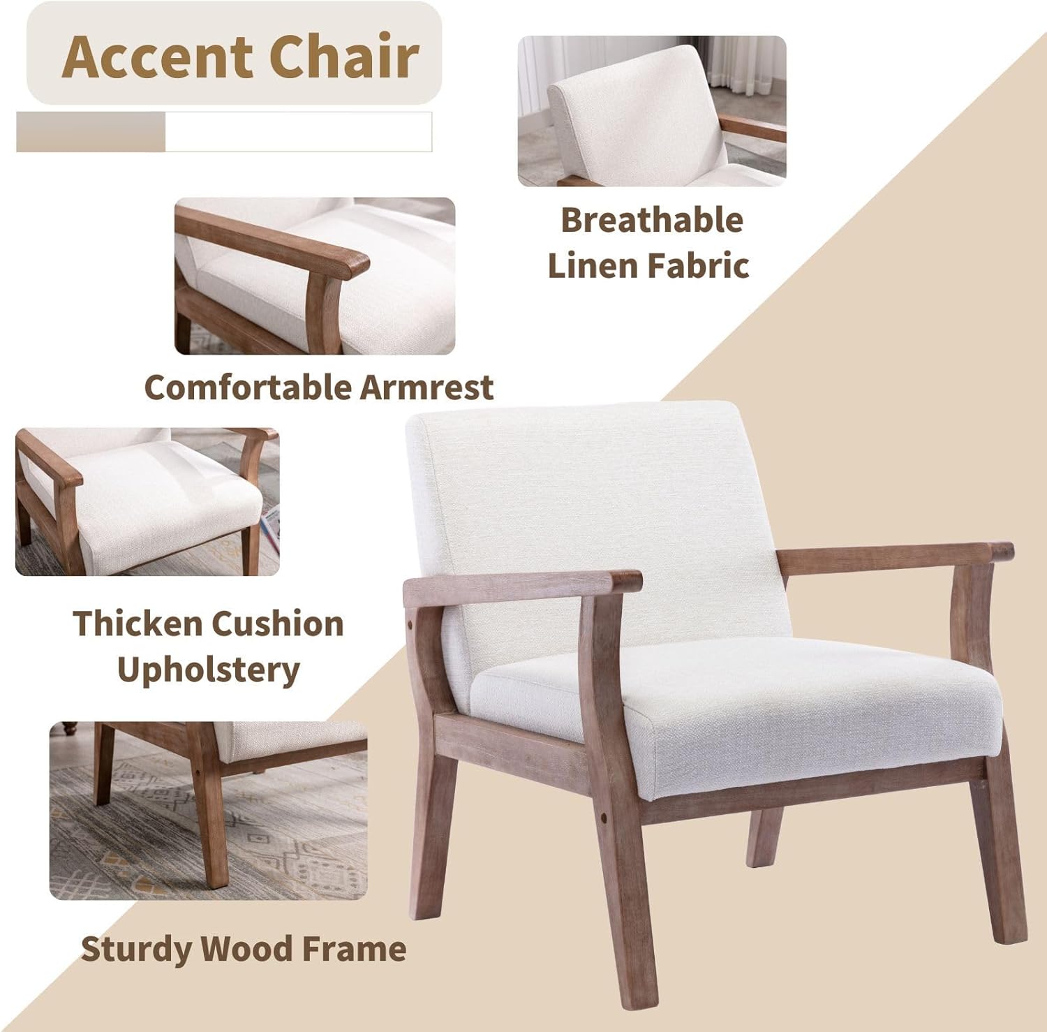 HNY Mid Century Modern Accent Chairs Set of 2 with Wood Frames, Linen Upholstered Living Room Arm