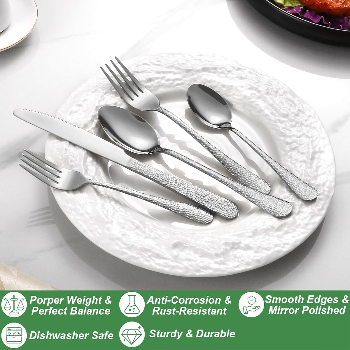 40 Pcs Silverware Set for 8 with Hammered Design, Food Grade Stainless Steel Flatware Set, Eating