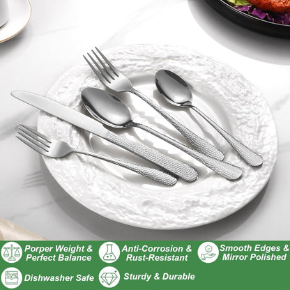 40 Pcs Silverware Set for 8 with Hammered Design, Food Grade Stainless Steel Flatware Set, Eating