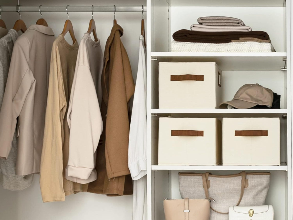 StorageWorks Storage Baskets for Shelves, Foldable Fabric Closet Storage Bins with PU Handles