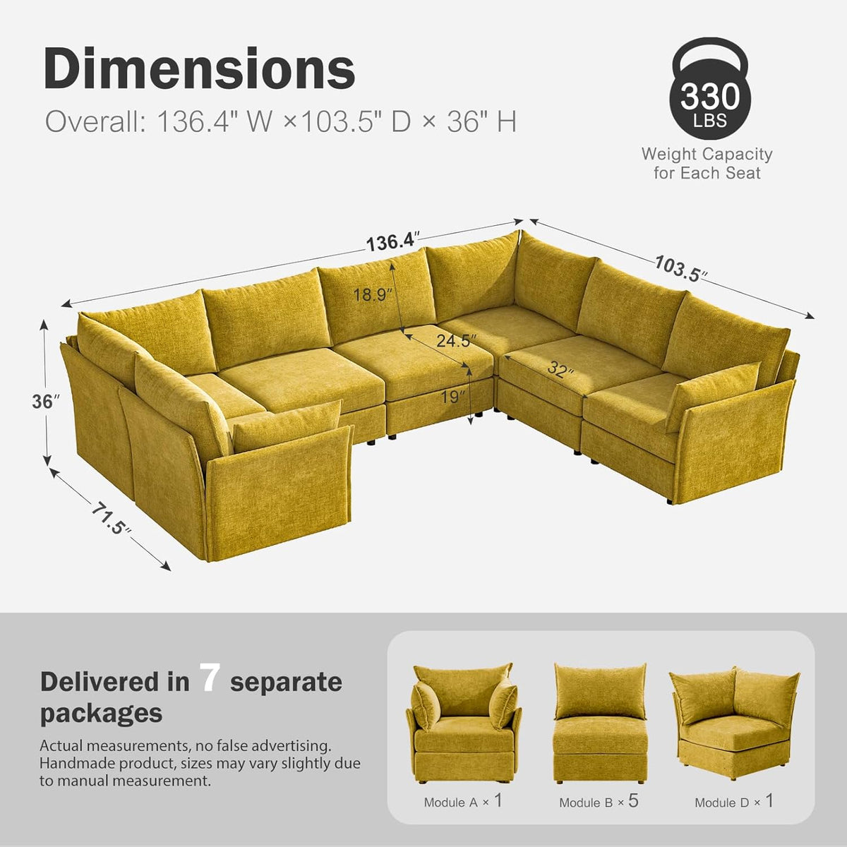 136.4" Oversized Modular Sectional Sofa, U Shaped Convertible Couch with Movable Ottoman, Large 7