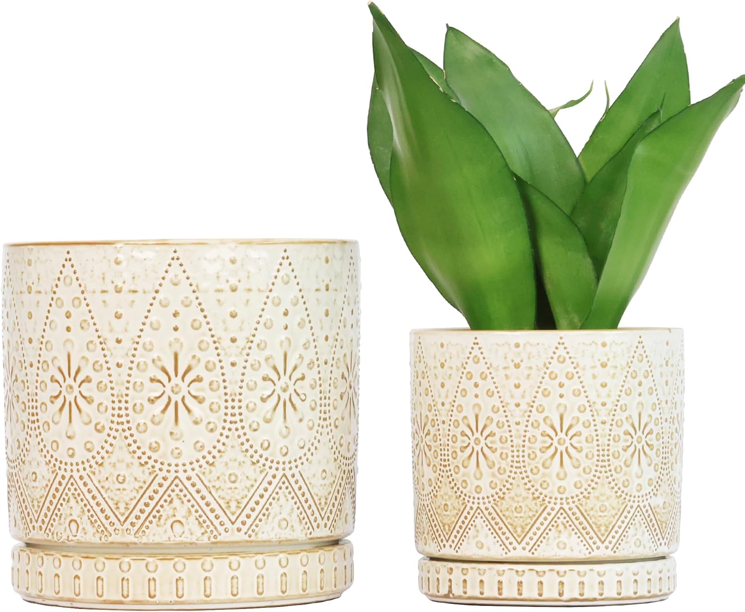 8 Inch + 6 Inch Indoor Plant Pot with Drainage Holes and Saucers, Ceramic Planter for Plants