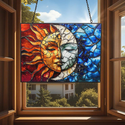 Rectangle Sun and Moon Suncatchers for Windows, Stained Glass Window Hangings,Hand-Painted Glass