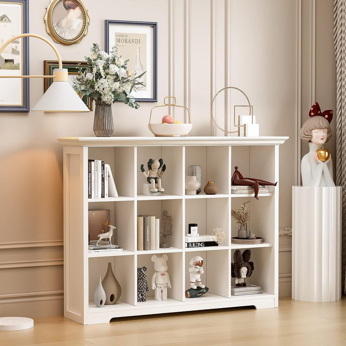 Wooden Cube Bookcase with Base - Modern 3 Tiers Floor Standing Open Shelf Cabinet for Home and