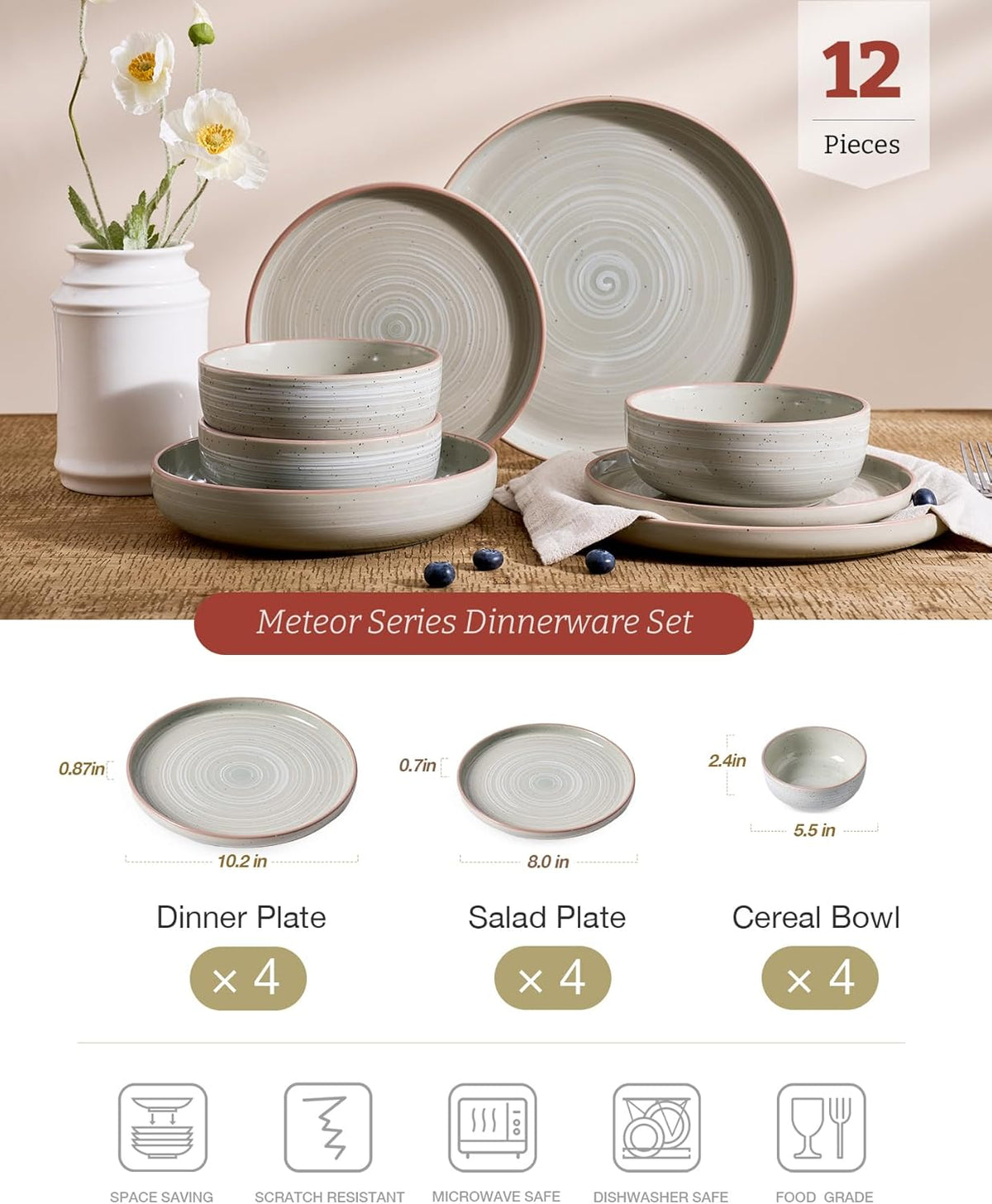 Famiware Meteor Plates and Bowls Sets for 4, 12 Pieces Dinnerware Sets, Microwave and Dishwasher