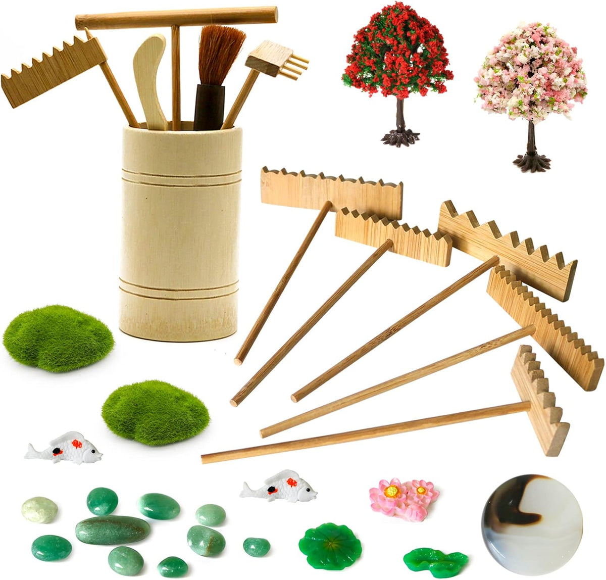 Zen Garden Tools Kit Accessories - Japanese Zen Garden Decor Zen Rake Set Mini Bamboo Rock Sand