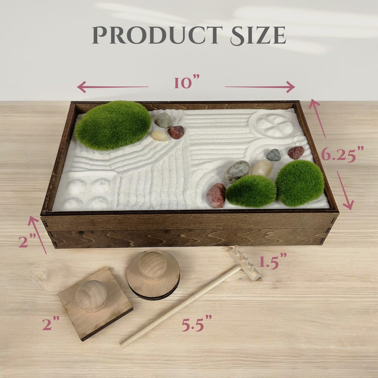 Wooden Stackable Zen Garden | White Sand with Rake & Accessories | Minimalist Decor Gift for