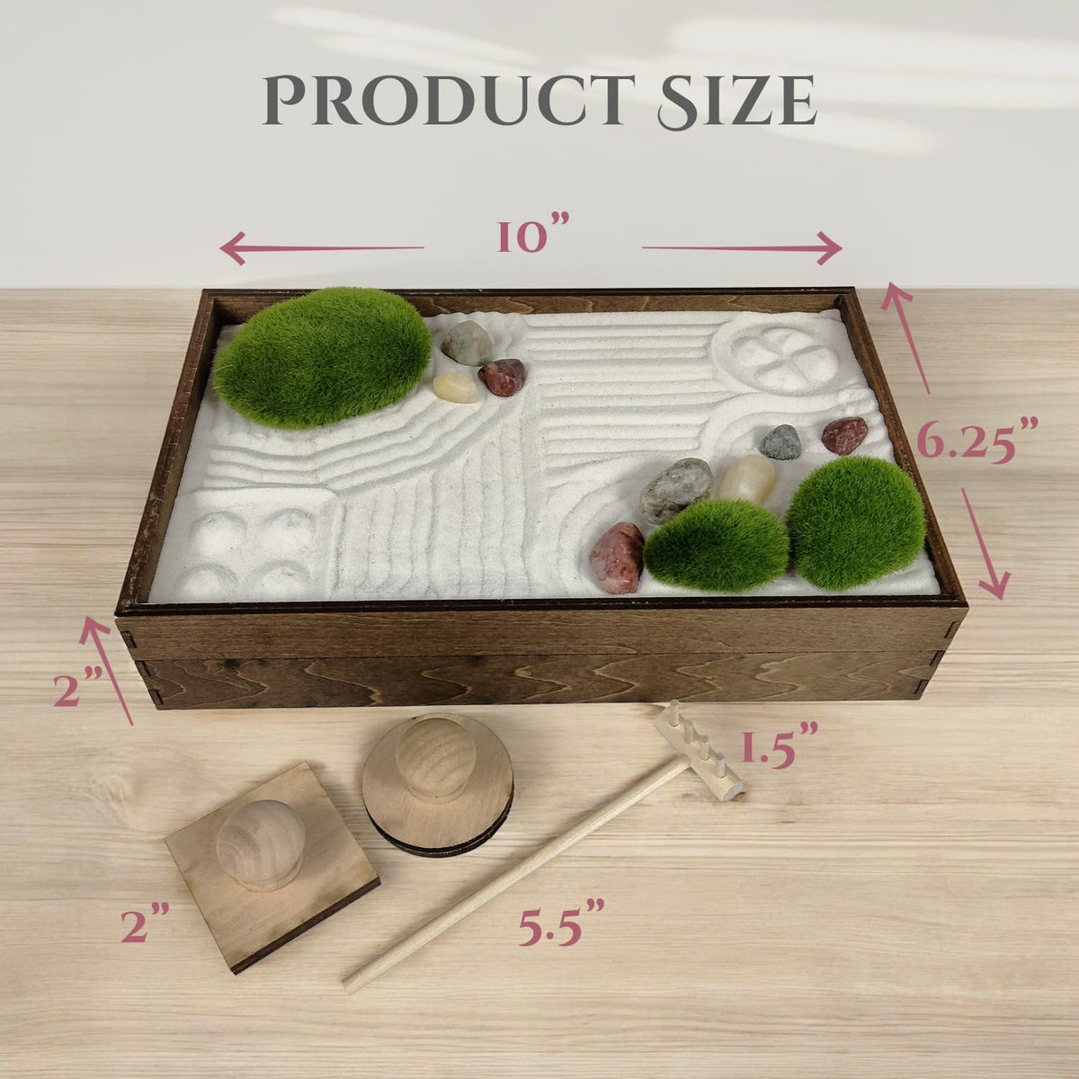 Wooden Stackable Zen Garden | White Sand with Rake & Accessories | Minimalist Decor Gift for