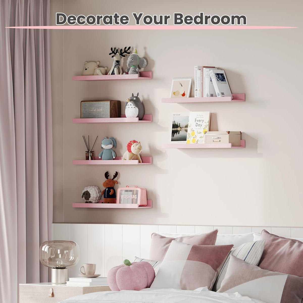 upsimples Pink Shelves for Wall, Pink Room Decor for Teen Girls, Bedroom, Living Room, Game Room, 6