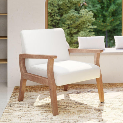 Beige Accent Chair Mid Century Modern Armchair Wood Sitting Chair Linen Fabric Upholstered Side