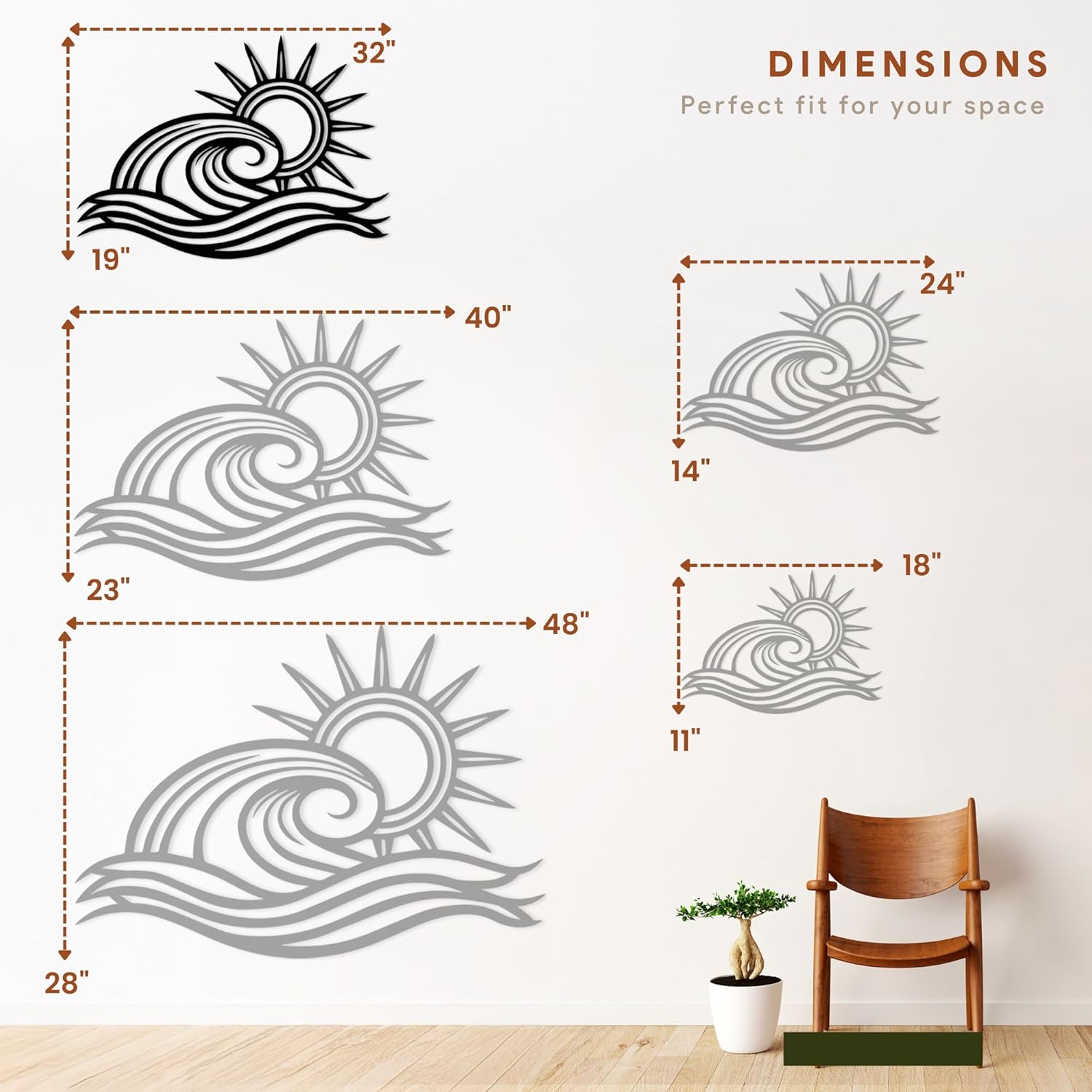 Wita Home Ocean Wave Metal Wall Art, Sun Beach Decor, Coastal Large Wall Sculpture for Home