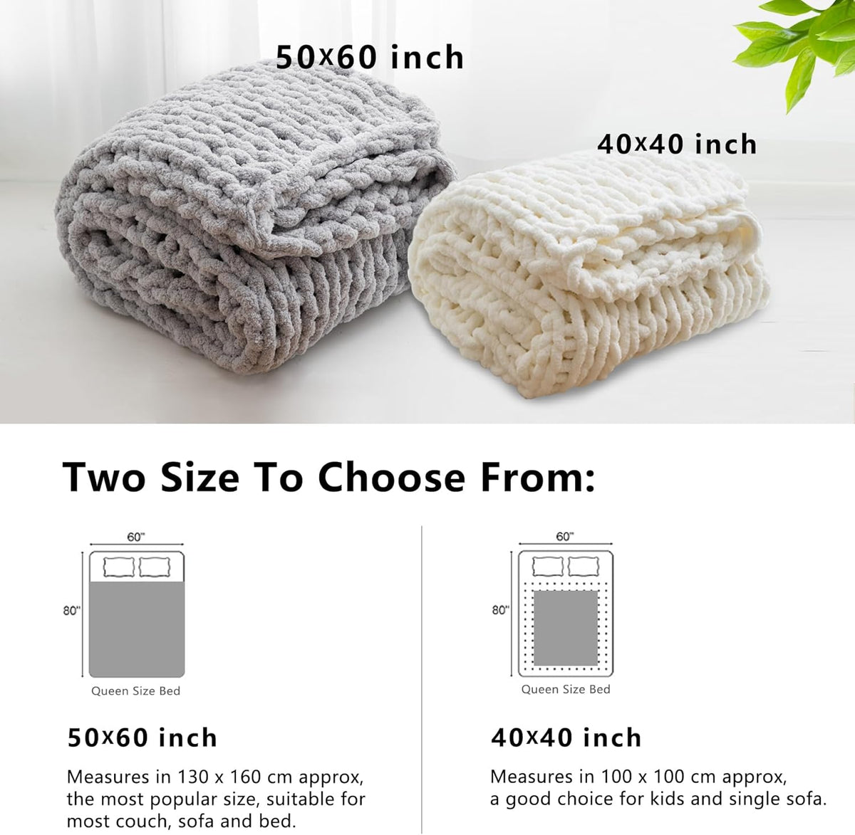 WESHIONGOO Chunky Knit Blanket Throw 40"×40" Knitted Throw Blankets for Couch Bed Fluffy Soft