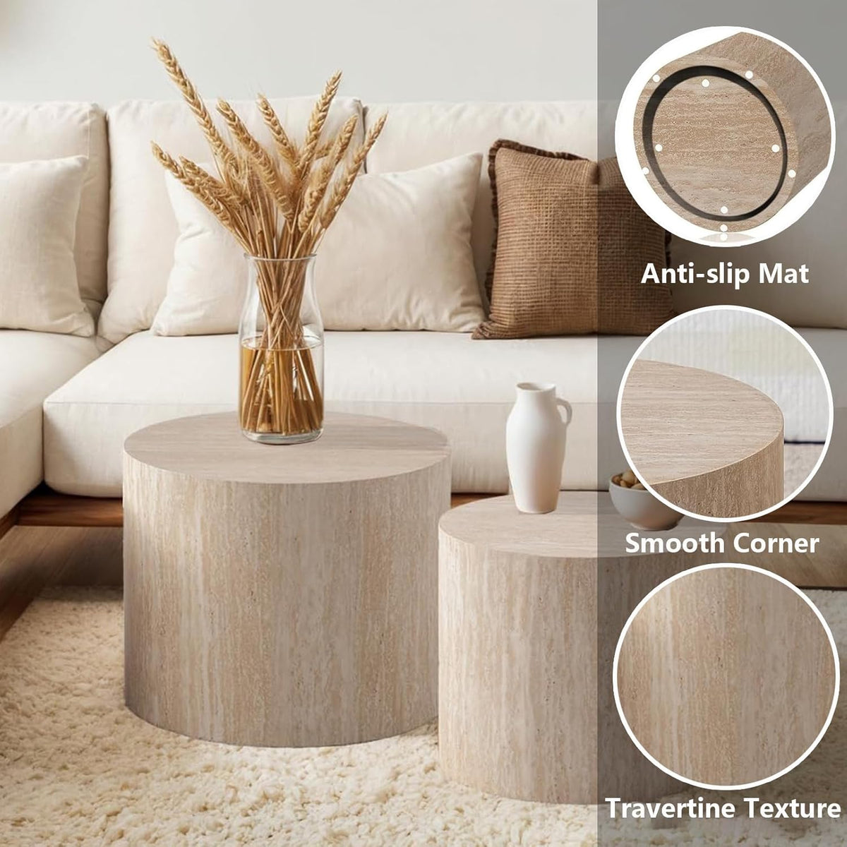 Nesting Coffee Table Set of 2 Modern Small Round Coffee Table and End Table Sets Wooden Drum Side