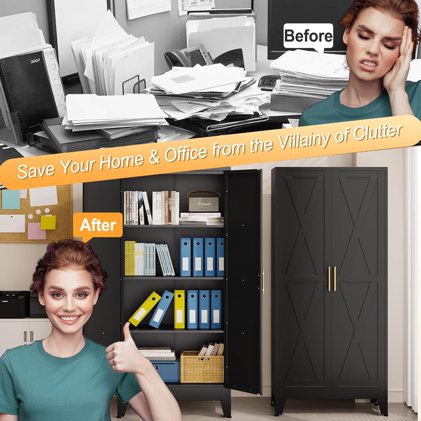 61" H Metal Kitchen Pantry Storage Cabinet, Freestanding Cupboard with 2 Doors and 3 Adjustable
