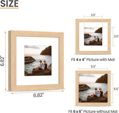 upsimples 6x6 Picture Frame, Natural Solid Wooden Picture Frames, Display 4x4 with Mat or 6 x 6