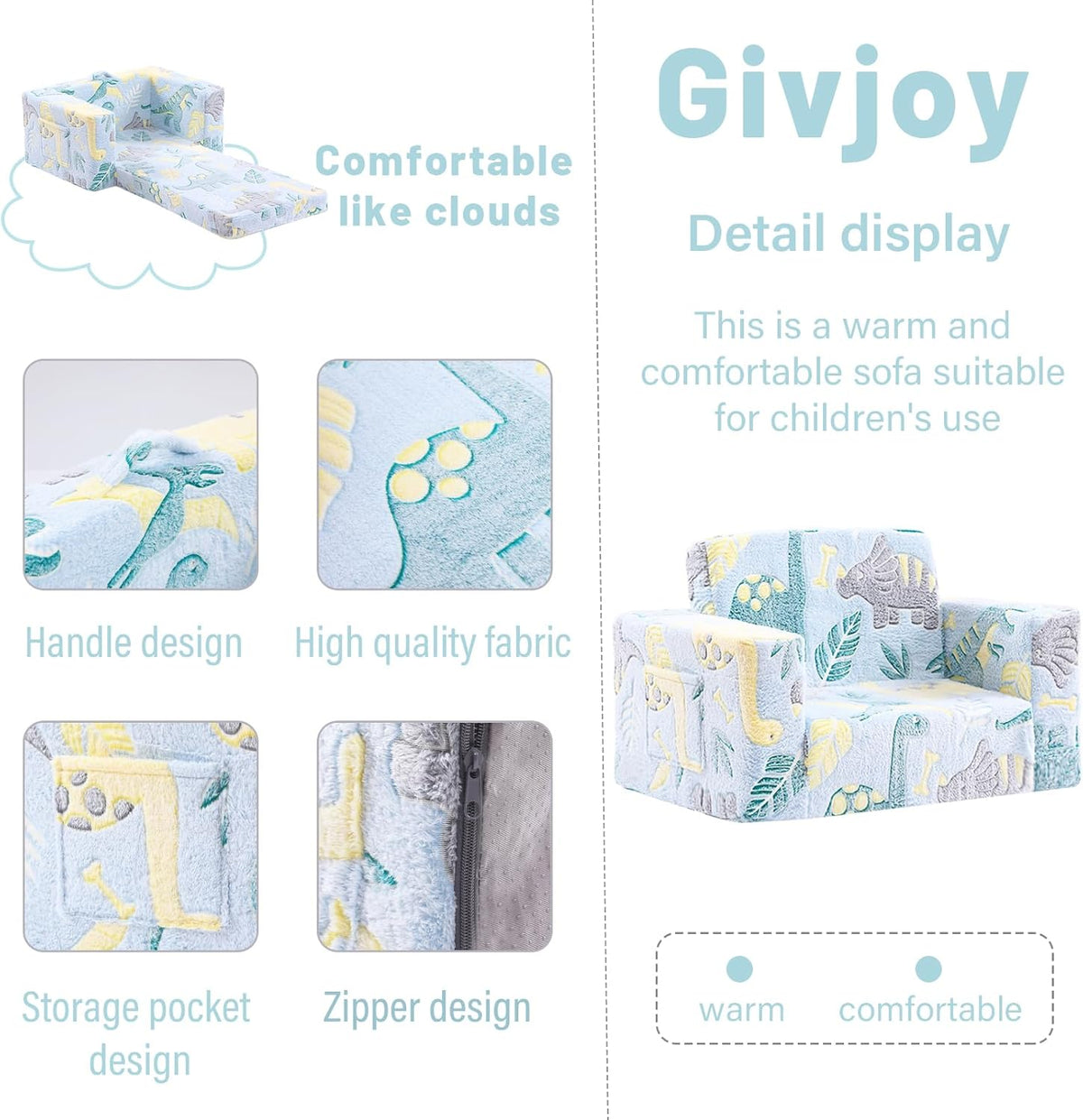 Toddler Chair Kids Couch, 2-in-1 Toddler Soft Sherpa Couch Fold Out Armchair Glow in The Dark with