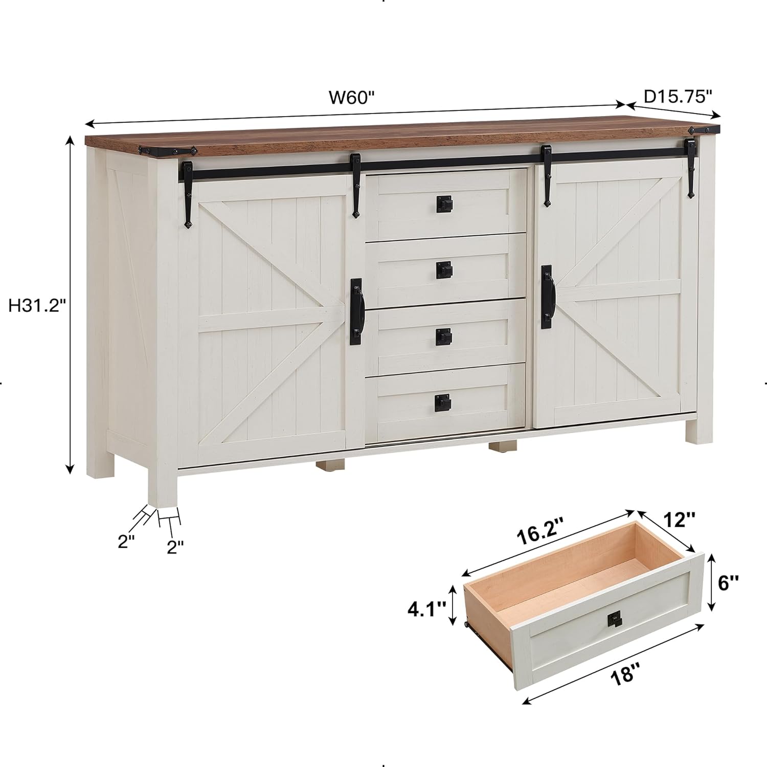 T4TREAM 60'' Farmhouse Dresser Chests for Bedroom w/4 Drawers & Sliding Barn Doors, Tall Chest of