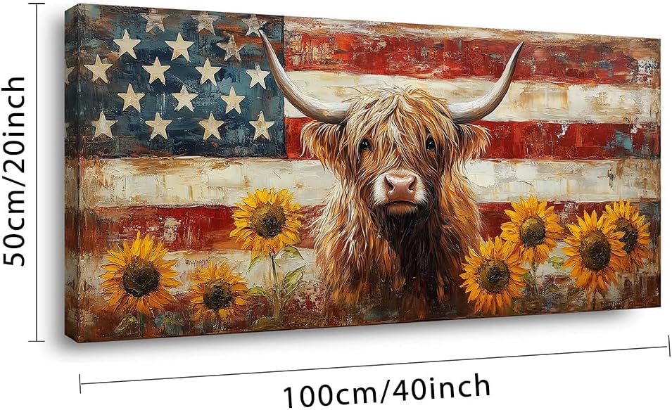 LASMOND Country Highland Cow Wall Art for Living Room Rustic Retro Vintage American Flag Sunflower