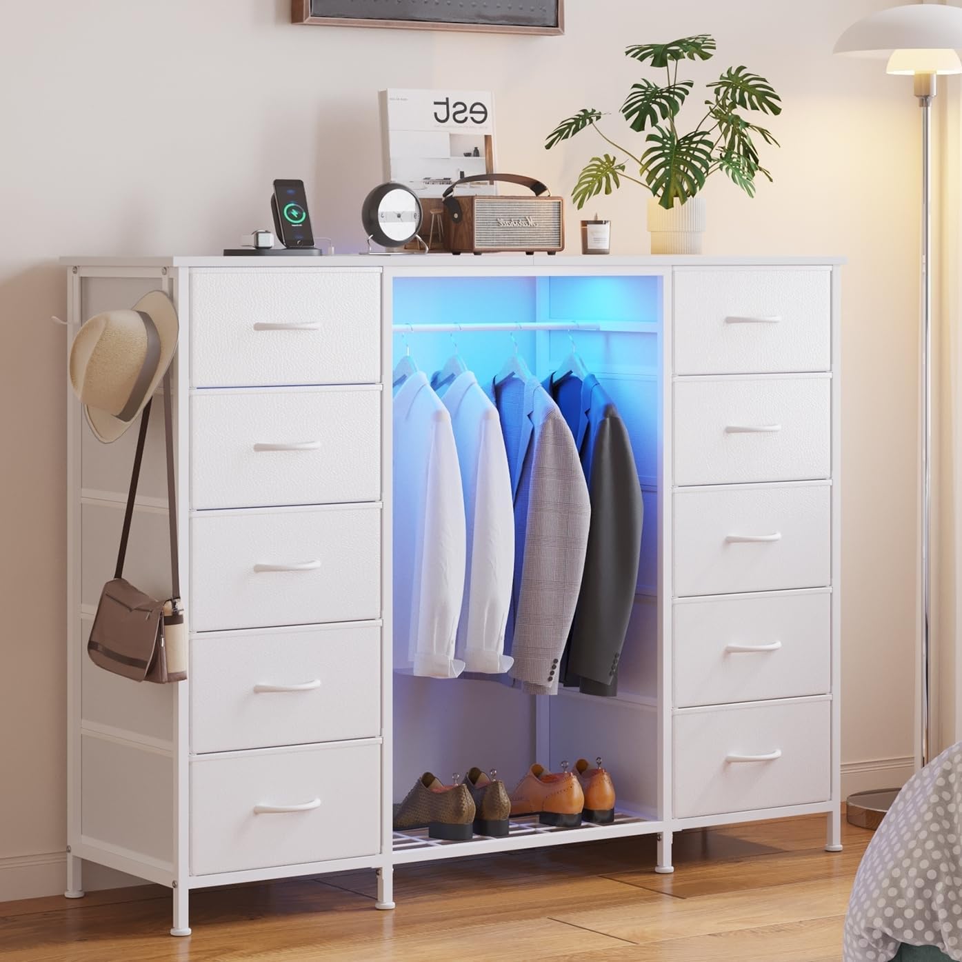 LUMTOK 55" W 2-in-1 Dresser with Hanging Rack, 10 Drawers Dresser for Bedroom, White Drawer