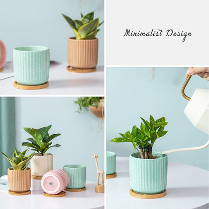 TAMAYKIM 4 Inch Cylinder Ceramic Boho Plant Pots with Drainage Hole and Saucer, Glazed Multicolor