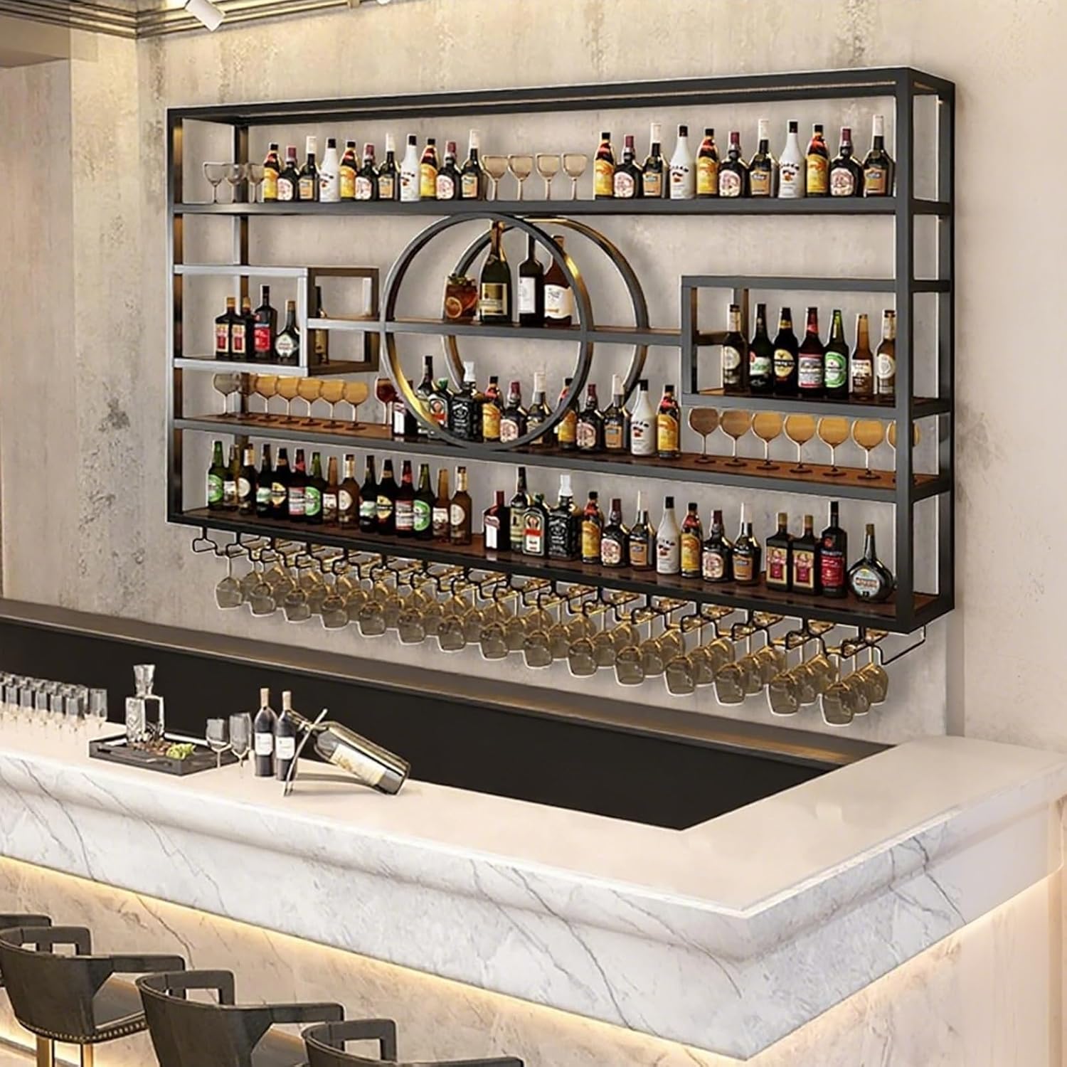 55.1in Wall Mounted Wine Rack, Modern Metal Wine Bottle and Glass Holder, Iron Display Stand