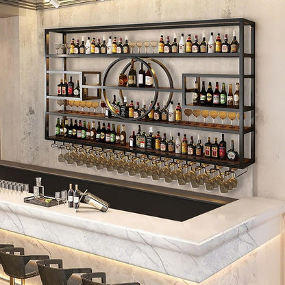 55.1in Wall Mounted Wine Rack, Modern Metal Wine Bottle and Glass Holder, Iron Display Stand