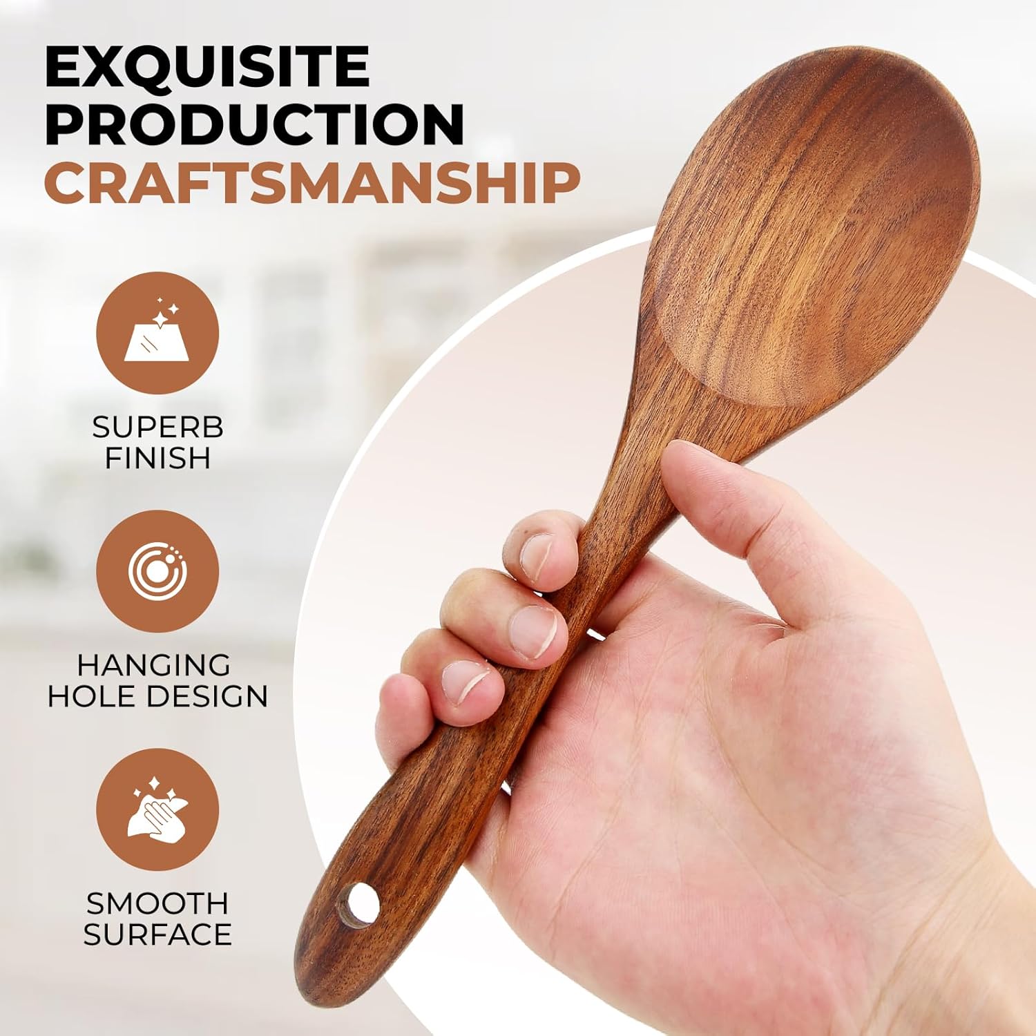 SPATUAMZ Wooden Kitchen Utensils Set, Smooth Finished Wooden Spoons for Cooking, Natural Teak
