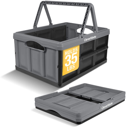 CleverMade Collapsible Shopping Basket, 32L Storage Crate, 1 Pack, Stone