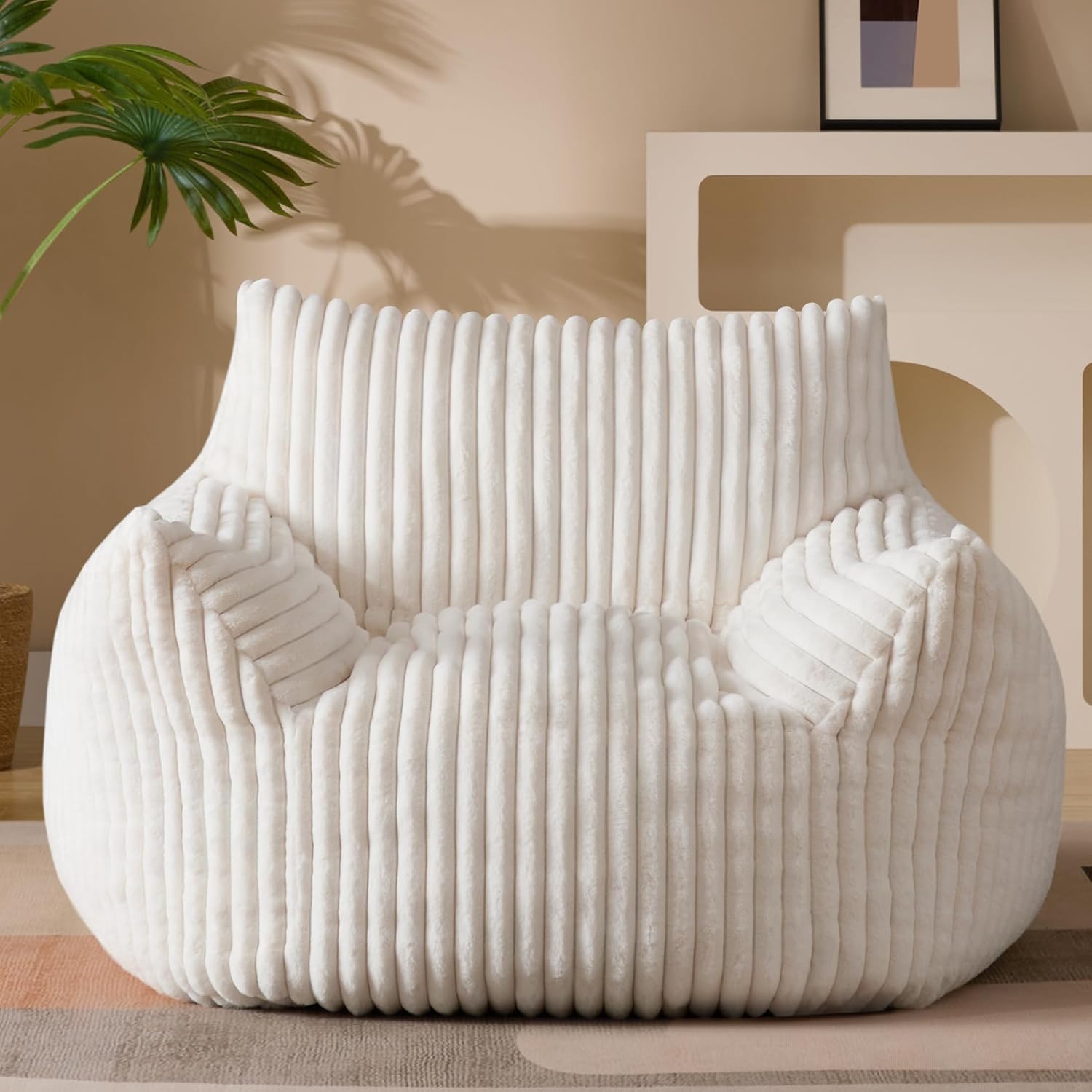 Giant Plush Bean Bag Chair for Adults with Armrests - Oversized Comfy Beige Beanbag Lounge Lazy