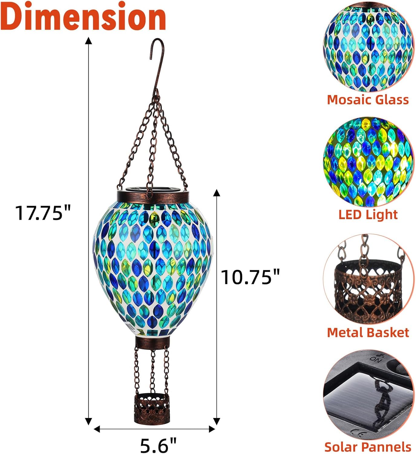 VOREEN Hot Air Balloon Solar Lantern, Mosaic Solar Outdoor Hanging Wind Light, Waterproof, Patio