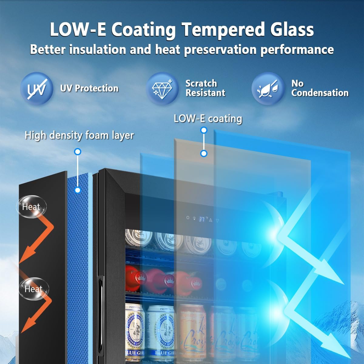 Tylza 130 Can Beverage Refrigerator Cooler, 3.22 Cu.Ft Beverage Cooler with Low-E Glass Door