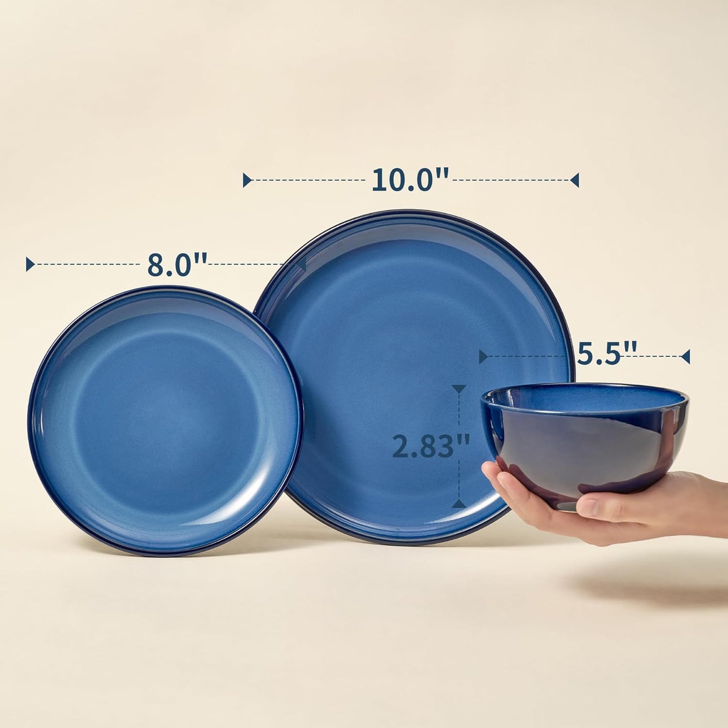Blue Stoneware Dinnerware Set, 12 pcs Reactive Glaze Plates and Bowls Sets, Handmade Round Dishes