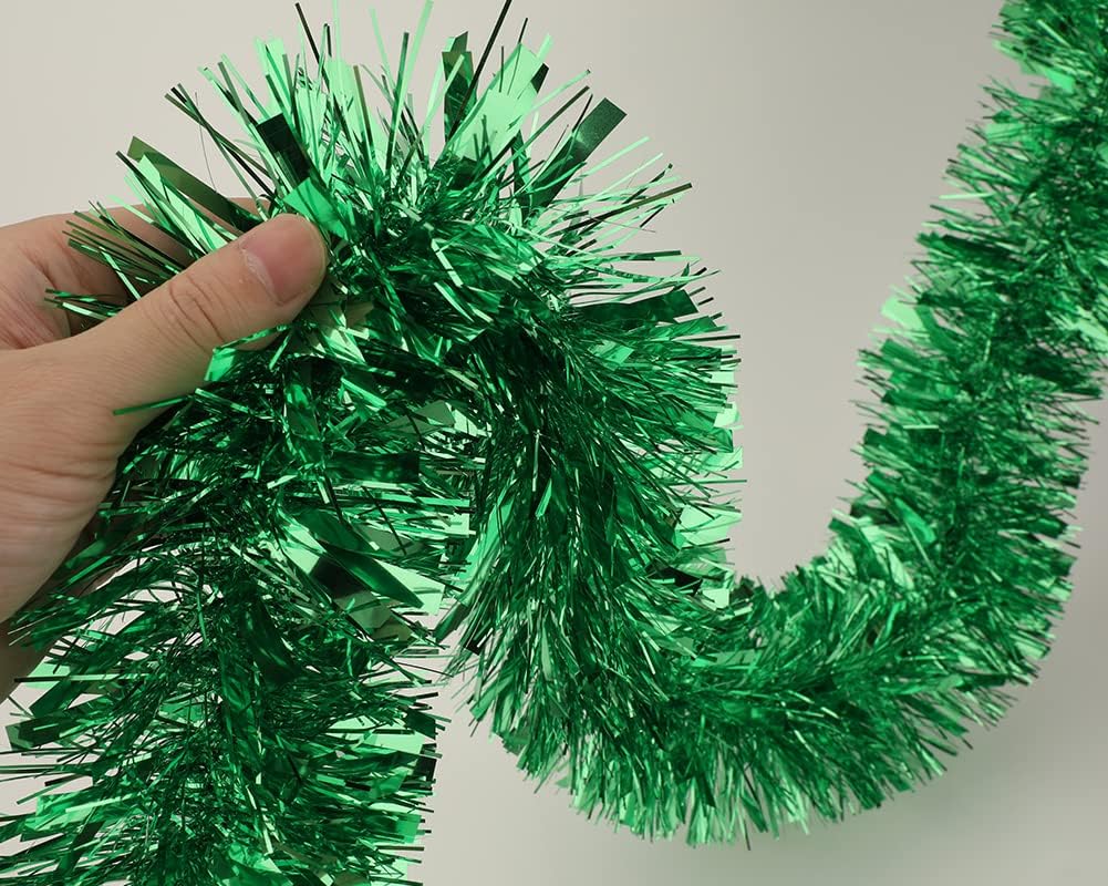 25 ft Long Roll Green Tinsel Twist Garland, Shiny Metallic Foil Decorations for Parade Floats