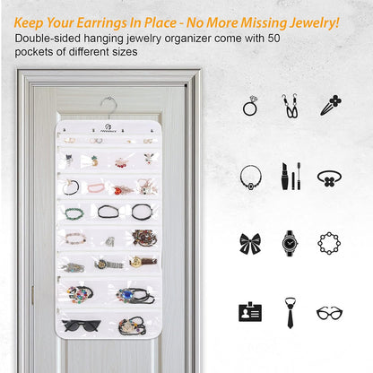 Freegrace Hanging Jewelry Organizer Revolving Hanger - Secure Zipper Closure - 50 Pockets
