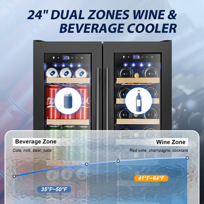 Tylza 24 Inch Wine and Beverage Refrigerator, Dual Zone Wine Beverage Cooler 24" with French Door