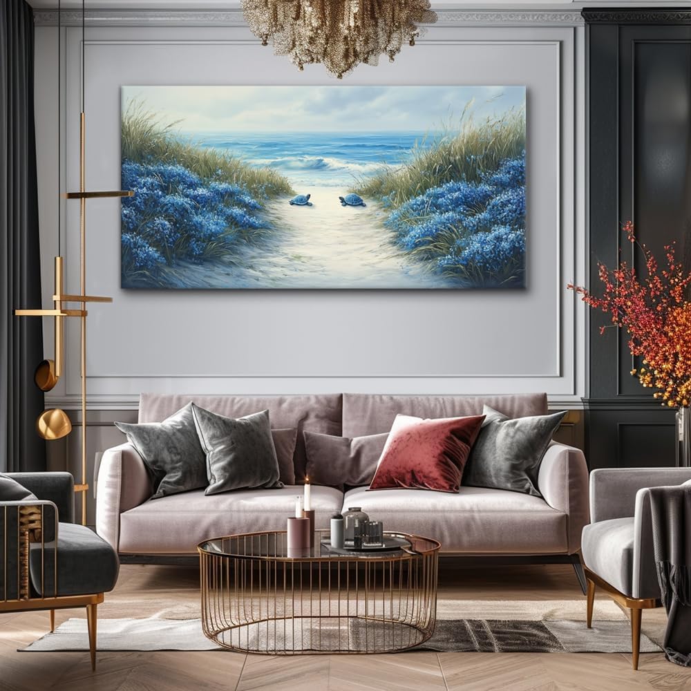 LASMOND Romantic Beach Wall Art for Living Room Blue Sea Turtle Lovers Canvas Painting Prints Ocean