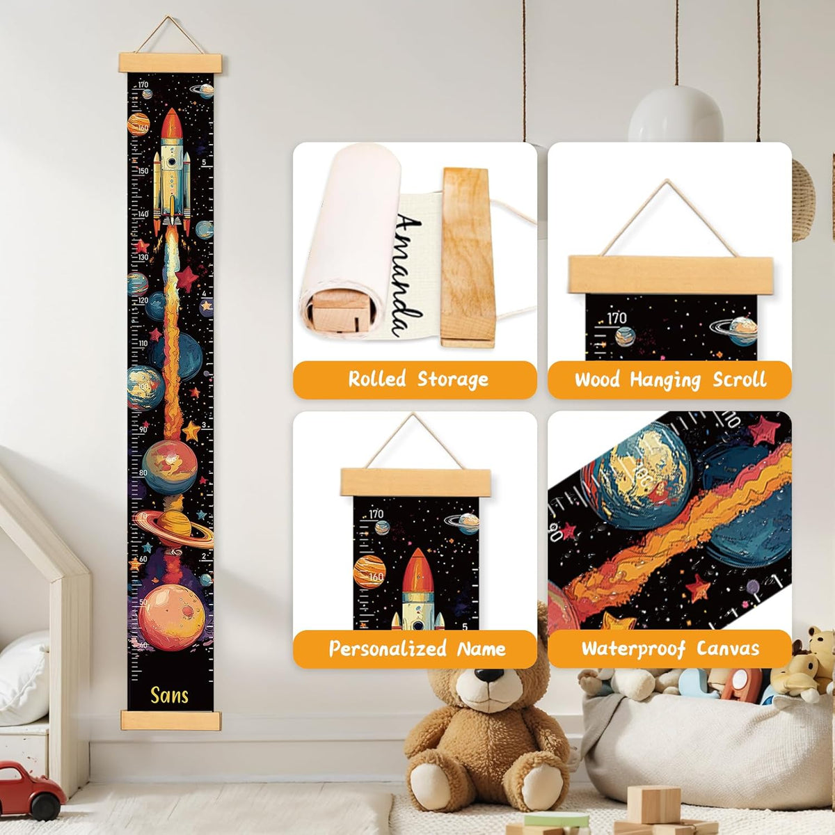 Personalized Name Growth Chart Wall Decor for Kids – Canvas Removable Height Chart Measuring Ruler
