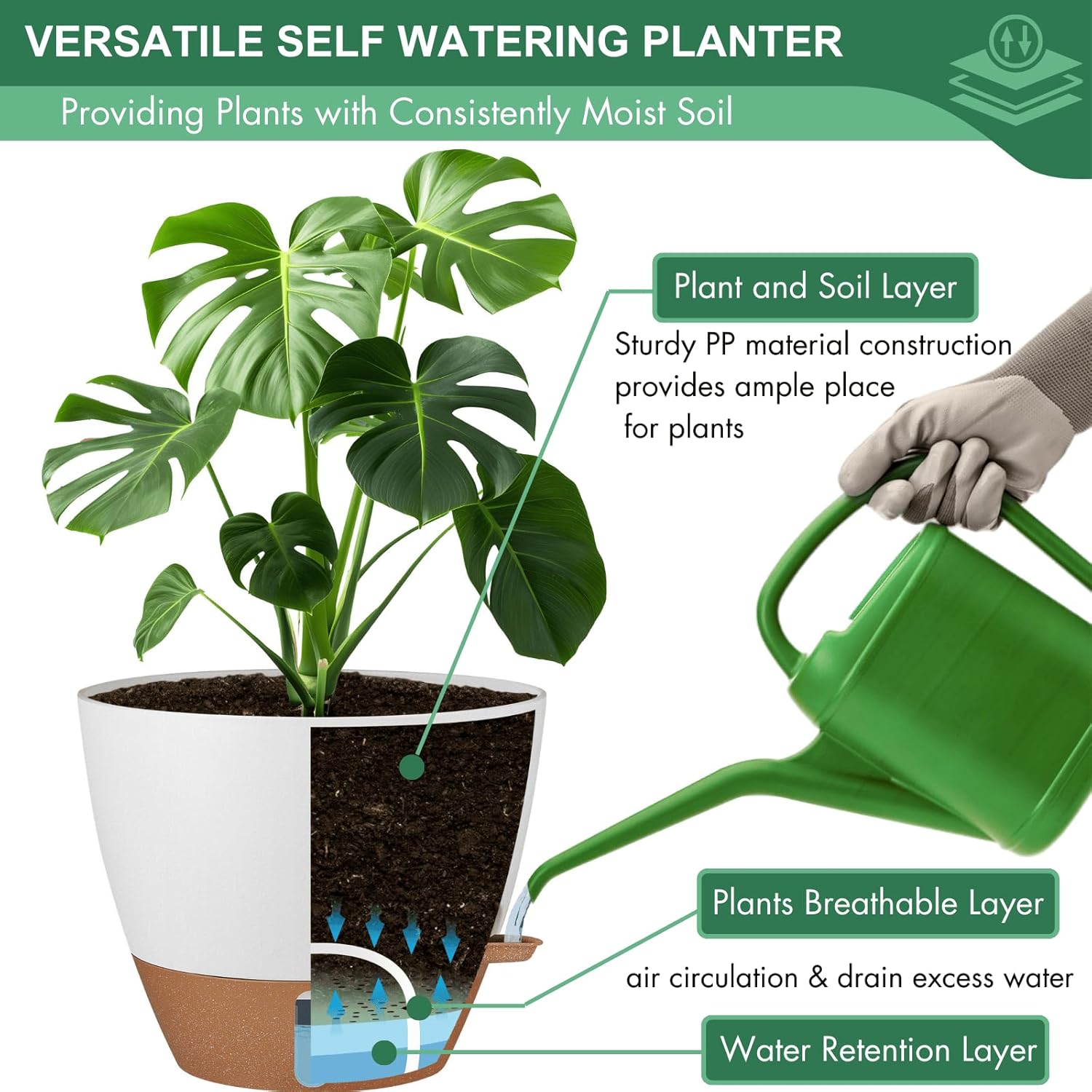 montresor 2 Pack 10 inch Plant Pots, PP Plastic Self Watering Plant Pot with Drainage and Tray for