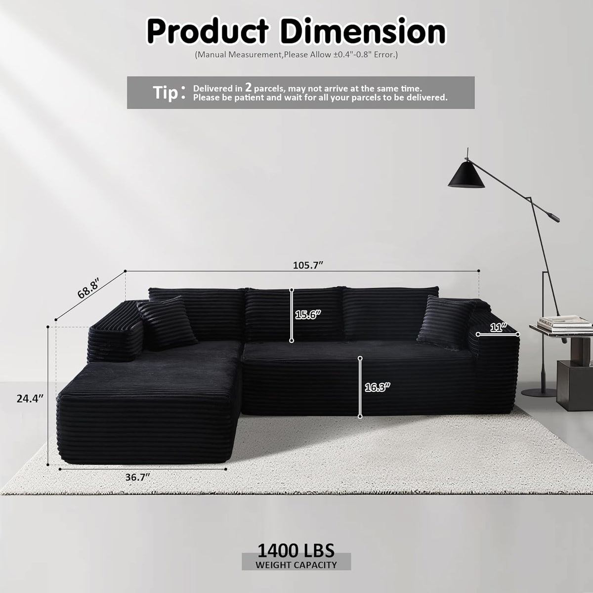 ovios 104" Cloud Sectional Couch with L-Shape Chaise,Modern Modular Sofa with Deep Seat