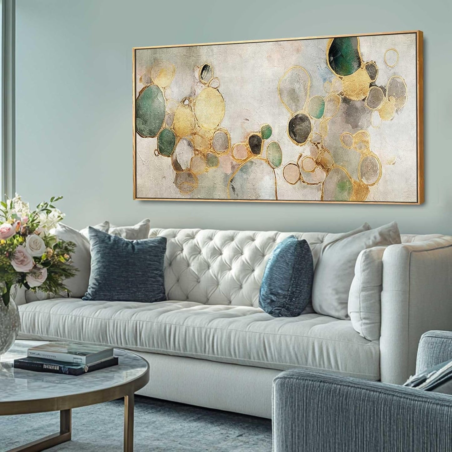 Gold Circle Modern Artwork Framed Abstract Wall Art Green Canvas Decor 24"x48" Wall Decorations for