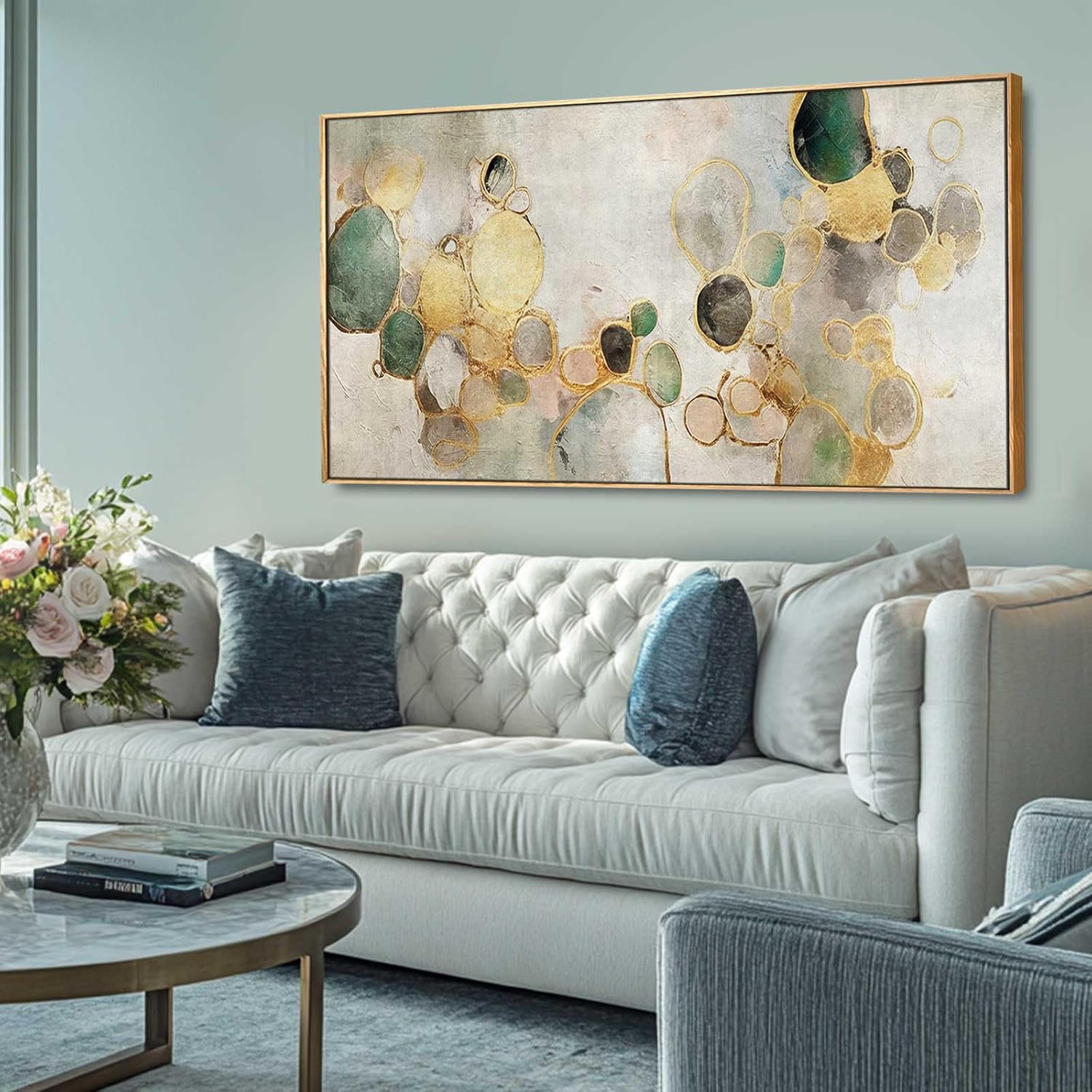 Gold Circle Modern Artwork Framed Abstract Wall Art Green Canvas Decor 24"x48" Wall Decorations for