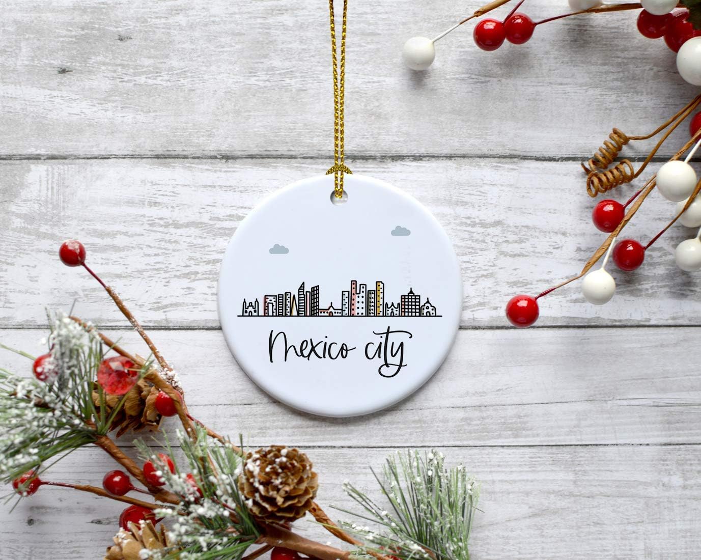 Andaz Press Round Ceramic Porcelain Christmas Tree Ornament Keepsake Gift, Mexico City, Colorful