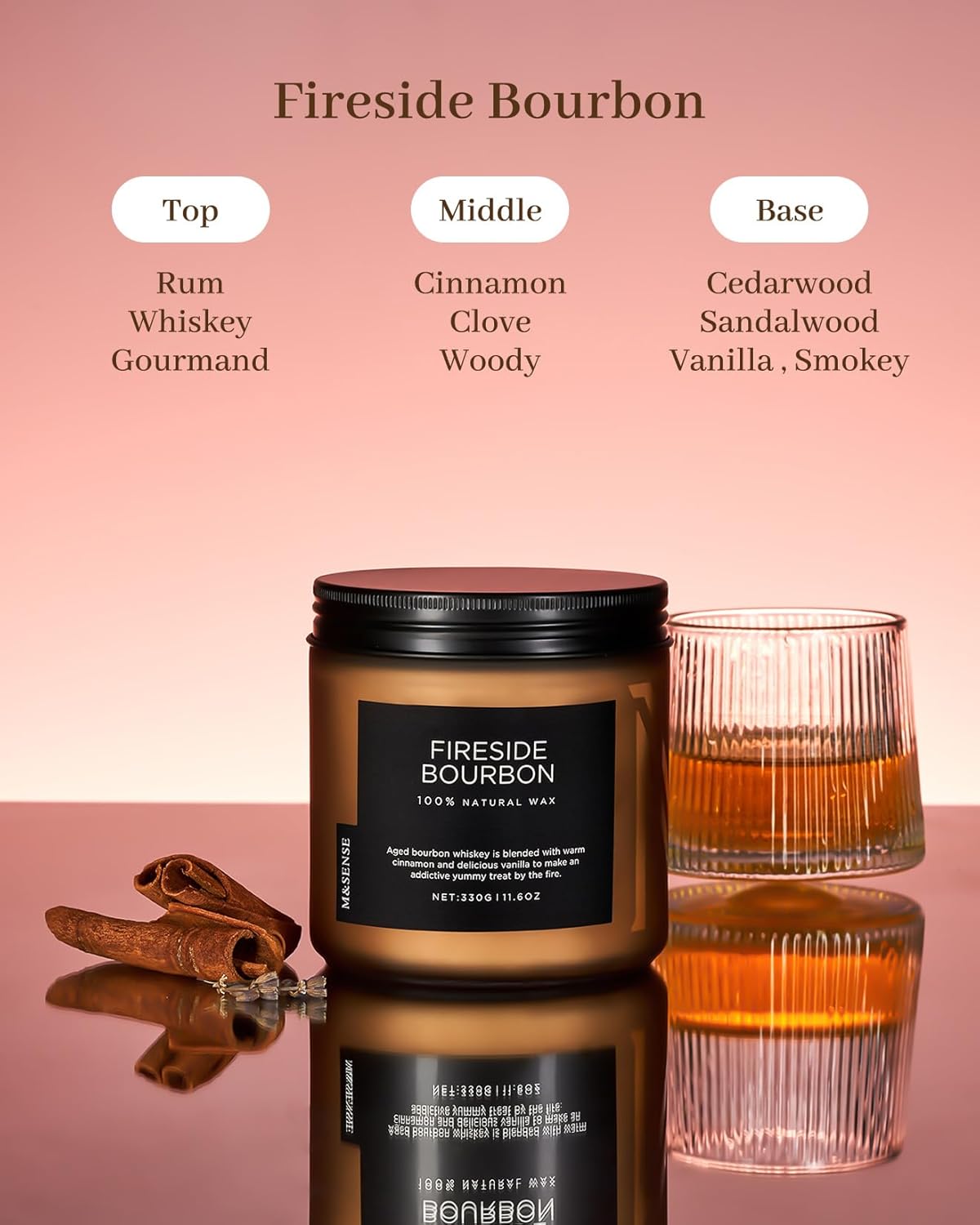 M&SENSE Fireside Bourbon Jar Candle, 11.6oz Clean Soy Wax Up to 70 Hours Burn Time Smoky Scent 2